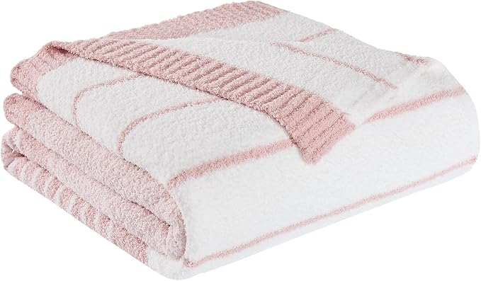Soft Striped Throw Blanket for Couch, Cozy Warm Knitted Blankets | Lightweight Fuzzy Travel Warm Decor for Women, Mom, Girls, Sofa, Chair, 50x60in, Pink White