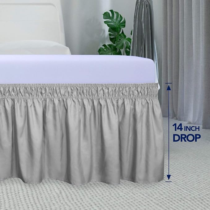 PureFit Wrap Around Ruffled Bed Skirt, Light Gray, Twin/Full - 14" Drop | Wrinkle Free Bedskirt Dust Ruffles, Easy to Put On Frame Cover with Adjustable Elastic Belt