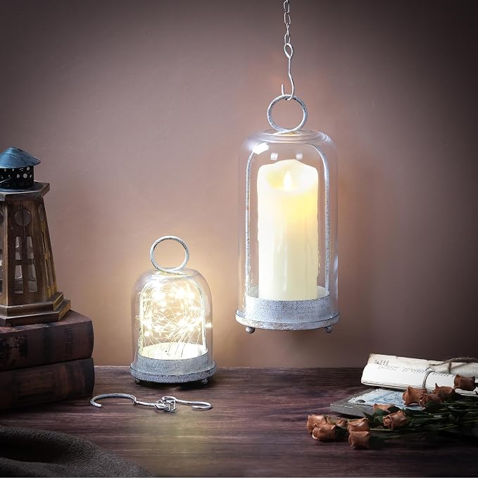 5" & 4" Wide Versatile Metal Candle Holder in Shabby White with Handmade Thick, Heavy & Sturdy Glass Dome for Pillar Candle, Industrial, Modern, Shelf, Mantel, Veranda, Porch