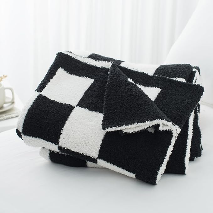 Carriediosa Checkered Throw Blanket 90x90, 400GSM Ultra Soft Microfiber | Black, Queen, Fuzzy Fluffy Cozy Plush Knitted Plaid Checker, Lightweight Cute Preppy Fall Blankets & Throws for Couch, Bed