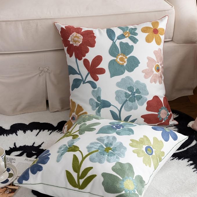 YIcabinet Pack of 2 Throw Pillow Covers,Embroidered Flower Pillow Case Soft Square Decorative Pillowcases for Home Sofa Couch 18x18 Inch