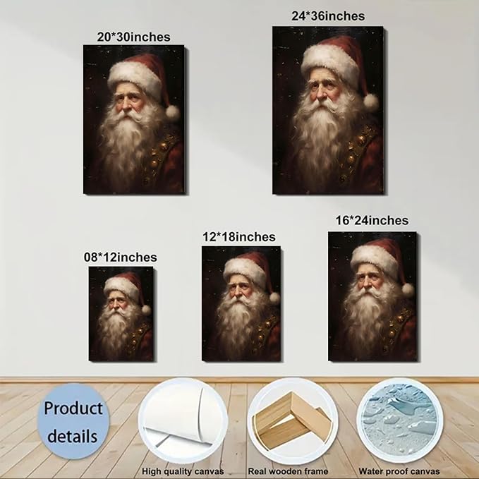 Victorian Santa Claus Portrait Christmas Art for Bedroom 12x18in, Framed Festival Canvas Prints for Christmas Wall Decor, Vintage Winter Pictures for Home Wall Decorations Indoor
