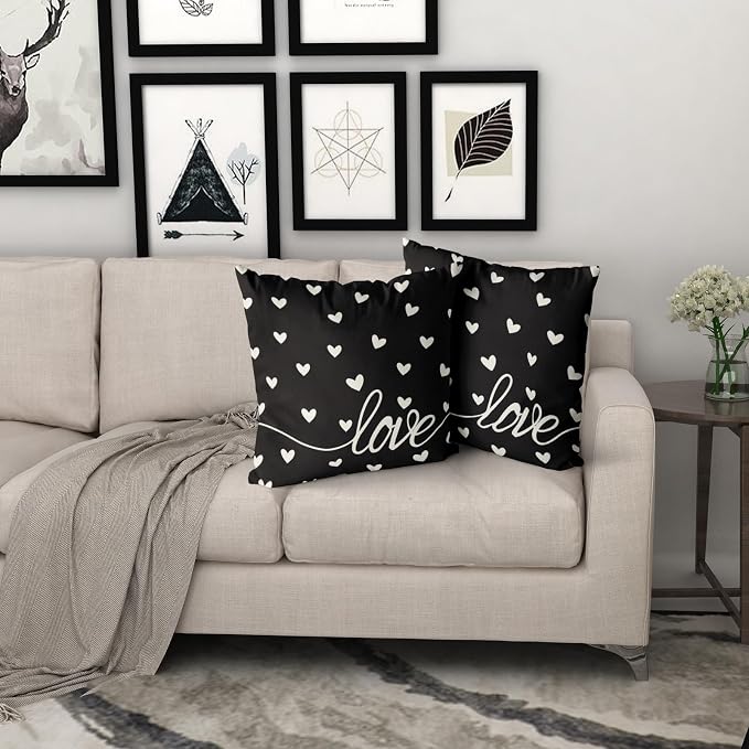 Giwawa Valentines Day Pillow Covers Set of 2 Black Love Hearts Throw Pillowcases Romantic Decorative Double Sided Cotton Square Cushion Covers 18x18inch for Sofa Couch Bedding Wedding Anniversary