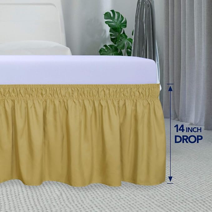 PureFit Wrap Around Ruffled Bed Skirt, Gold, Twin/Full - 14" Drop | Wrinkle Free Bedskirt Dust Ruffles, Easy to Put On Frame Cover with Adjustable Elastic Belt
