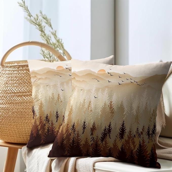 Fall Misty Forest Throw Pillow Covers 18x18 Inch Set of 2 Brown Mountain Woodland Decorative Pillow Cases Nature Pine Trees Farmhouse Cotton Linen Square Cushion Cover for Home Sofa Couch Bed Patio