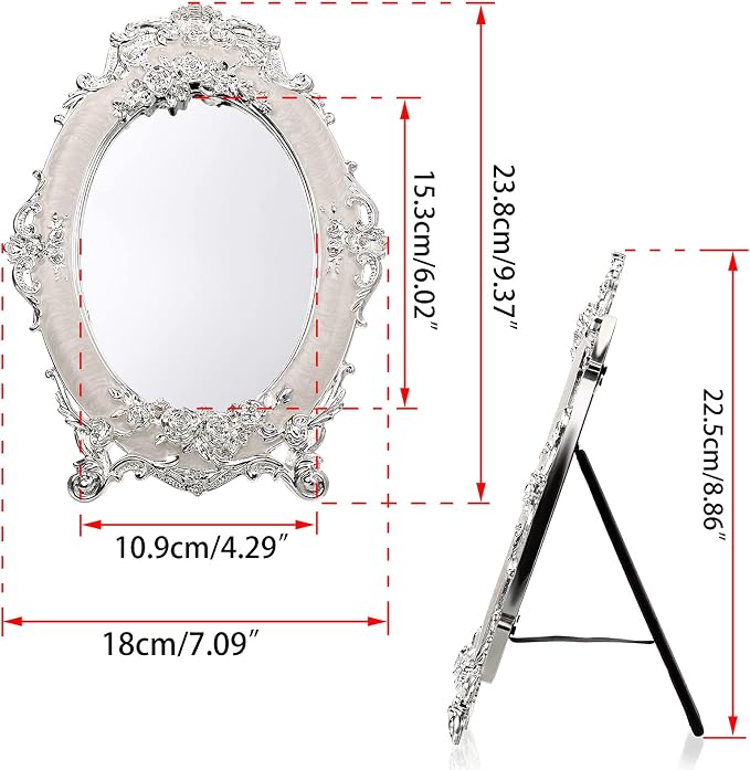 JUXYES Tabletop Dressing Mirror with Stand Desktop Mirror with Rose Decor | Small Antique Embossed Roses Countertop Makeup Mirror, Retro Oval Cosmetic Decorative Mirrors for Dresser Table