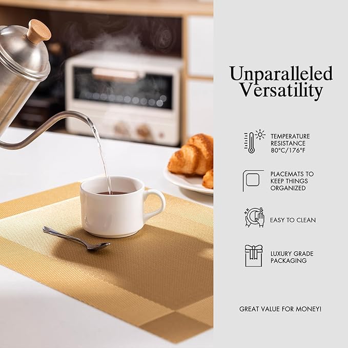 Placemats Set of 12 - Easy Clean Woven Vinyl Placemats for Dining Table, Indoor/Outdoor Place Mats, Washable PVC Table Mats（Gold Cube）