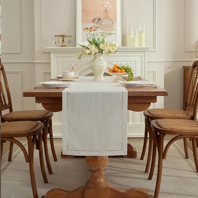 Light Natural Handmade Hemstitched Linen Blend Table Runner for Summer, Everyday Use, Classic Hemstitch Style (14 x 72 Inch)