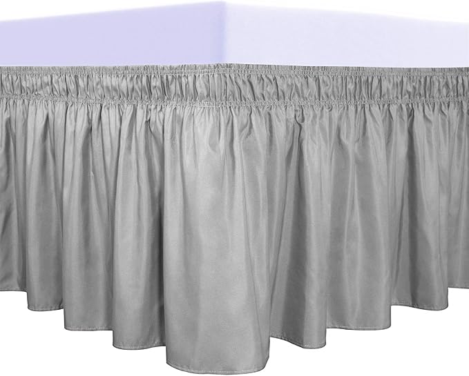 PureFit Wrap Around Ruffled Bed Skirt, Light Gray, Twin/Full - 14" Drop | Wrinkle Free Bedskirt Dust Ruffles, Easy to Put On Frame Cover with Adjustable Elastic Belt