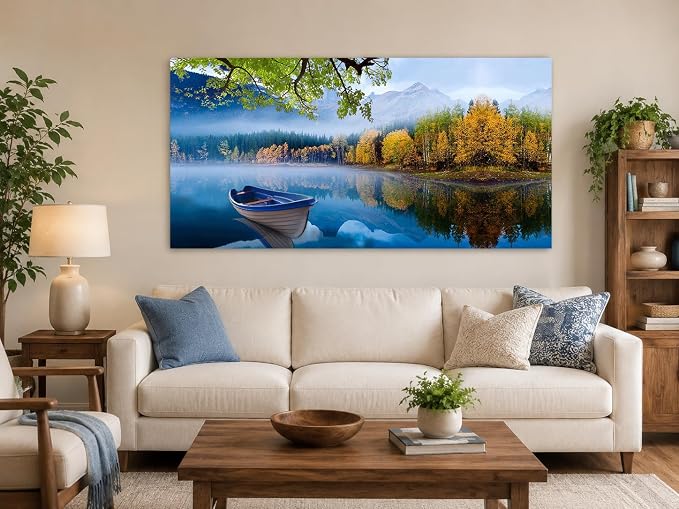 Arjun Lake Canvas Wall Art Landscape Blue Boat Painting Framed Large 40x20 | Wall Art for Living Room Picture Bedroom Nature Mountain Artwork Modern Nature Scenery Home Office Dining Room Wall Decor
