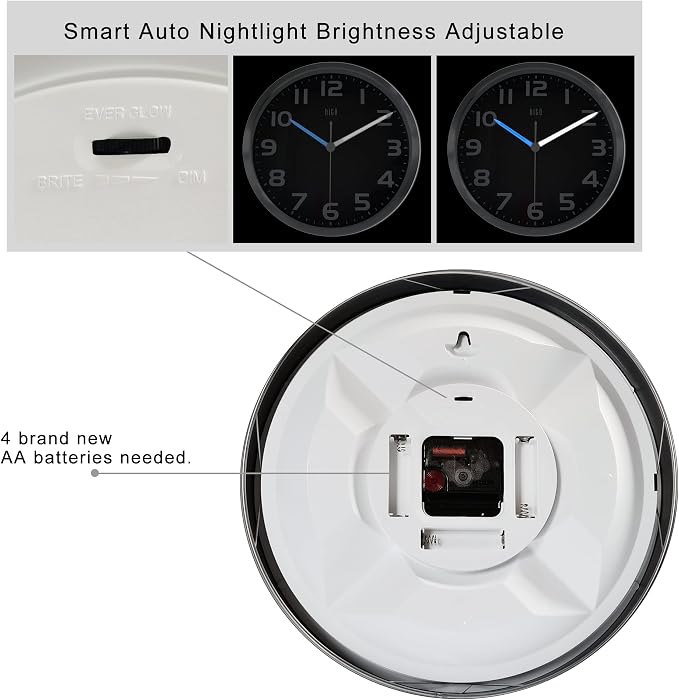 HITO 12 Inch Night Light Wall Clock Battery Operated Brightness Adjustable, Metal Frame, Glass Cover(Hands Illuminate)