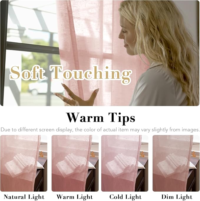 H.VERSAILTEX Linen Curtains Natural Blended Curtain Panels for Living Room/Light Reducing Linen Semi Sheer Curtains 84 inch Length 2 Panels Set Nickel Grommet Window Panels, 52" x 84", Baby Pink
