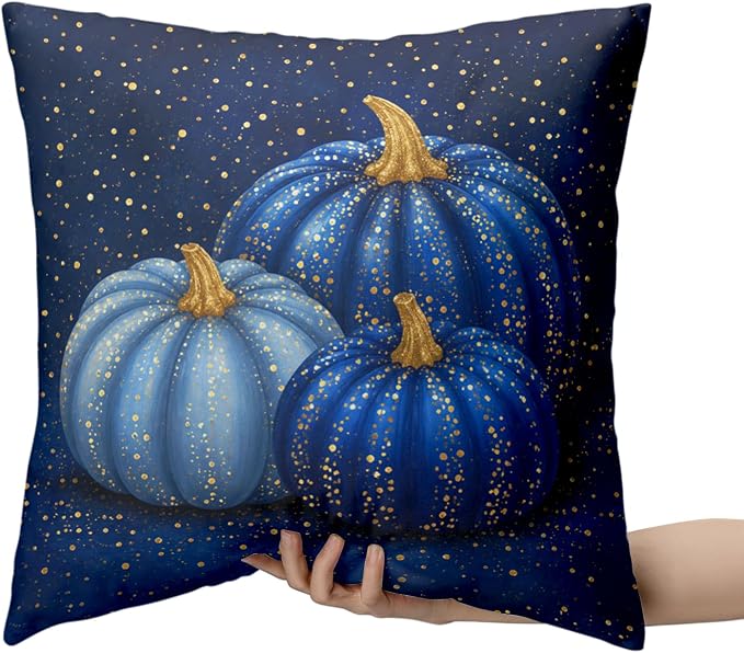 Fall Pillow Covers Autumn Blue Pumpkin Throw Pillow Covers 24x24 Set of 2 Thanksgiving Pillow Cases Harvest Gold Dotted Pumpkins Cushion Cases for Home Farmhouse Sofa Couch