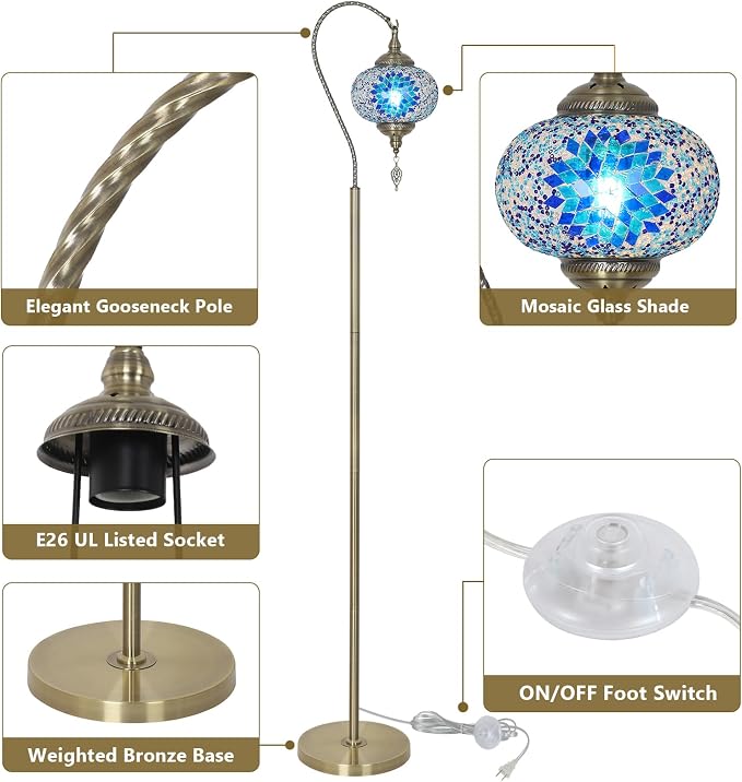 LAMSU Turkish Moroccan Floor Lamp, Tiffany Lamp with Handmade Mosaic Glass Shade, Bronze Base, Swan Neck Tall Standing Lamps for Living Room Bedroom Corner Light Home Decor, Blue