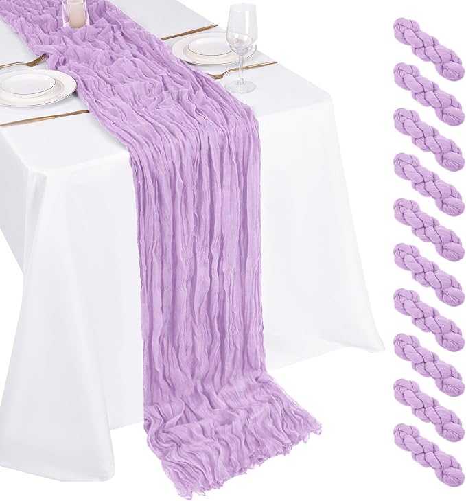 10 Pack Lavender Cheesecloth Table Runner 17x108 Inch Boho Gauze Cheese Cloth Table Runners for Wedding Party Baby Shower Birthday Home Decor