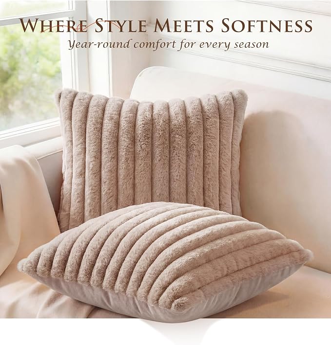 Pack of 2 Throw Pillow Covers 18x18 Decorative Solid Plush Faux Fur with Soft Velvet Back, Square Striped Cushion Cases Modern Farmhouse Home Decor for Living Room Couch Sofa Bed Apricot