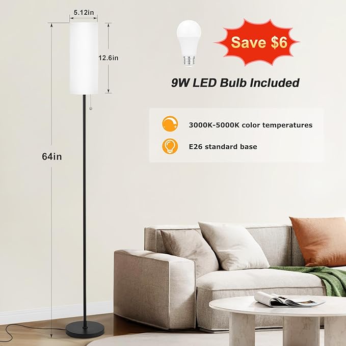 Ambimall 64" Floor Lamp with Bulb & Lampshade & Chain Switch, White & Black