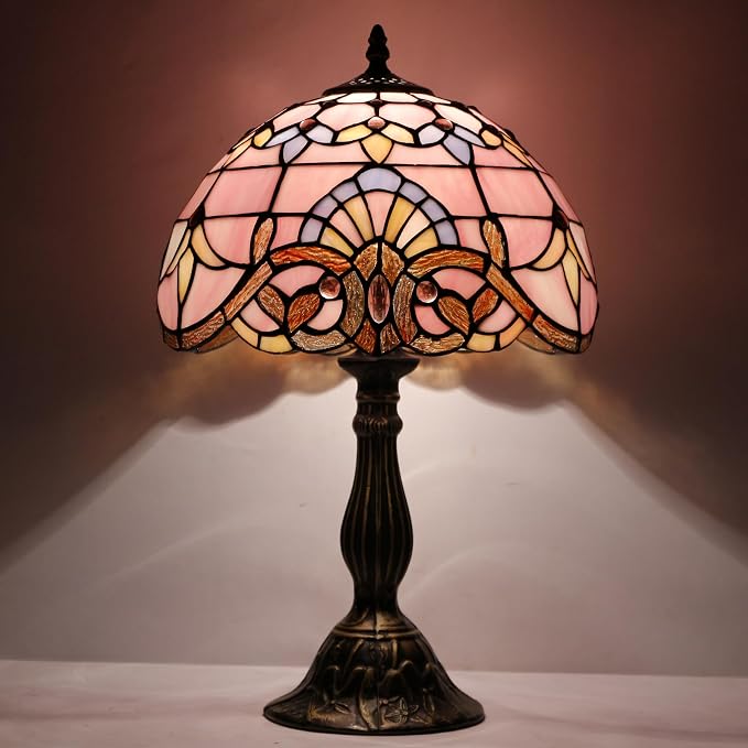 WERFACTORY Tiffany Lamp Bedside Pink Stained Glass Table Lamp 18 Inch Tall