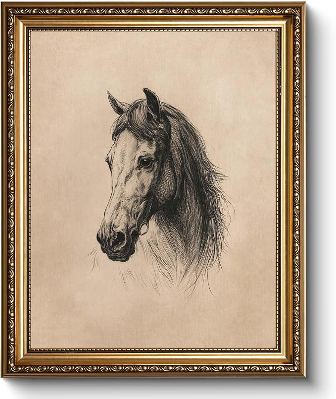 WHASAYART Vintage Horse Portrait 13x16 Gold Framed Wall Art Canvas Print | Rustic Farmhouse Animal Sketch, Neutral Beige Equestrian Artwork for Living Room Bedroom Office Wall Decor