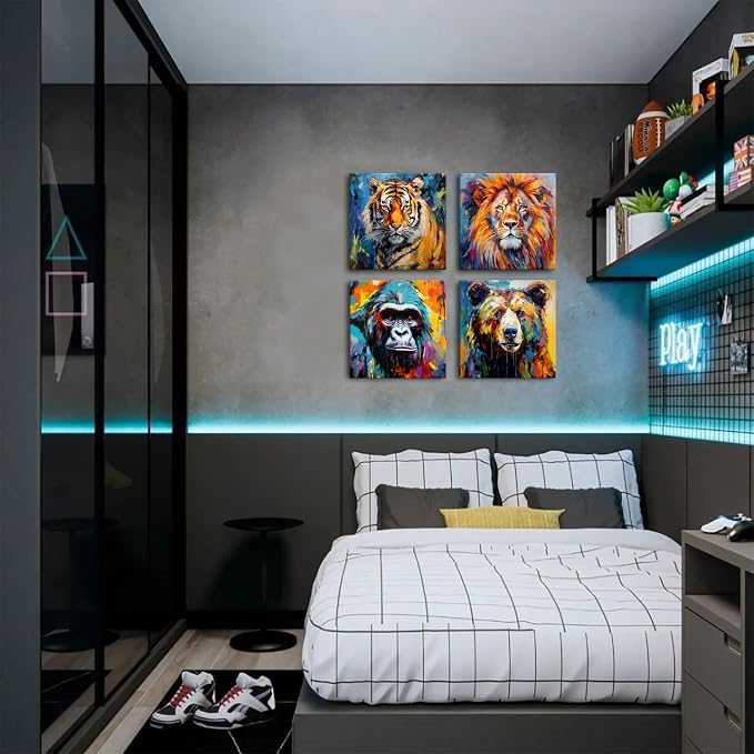 Animal Canvas Wall Art Boys Room Decor Watercolor Wildlife Portrait Picture Abstract Bear Tiger Lion Chimpanzees Painting Kids Bedroom Graffiti Banksy Artwork for Nursery Home Decoration 20x20"x4