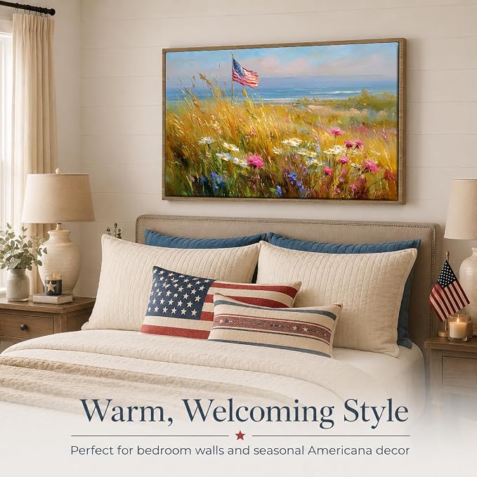 American Flag Framed Canvas Wall Art, 4th of July Patriotic Canvas Prints | Wildflower Landscape Poster Print, Vintage Rustic Independence Day Wall Decor for Bedroom Living Room Office 24×36in