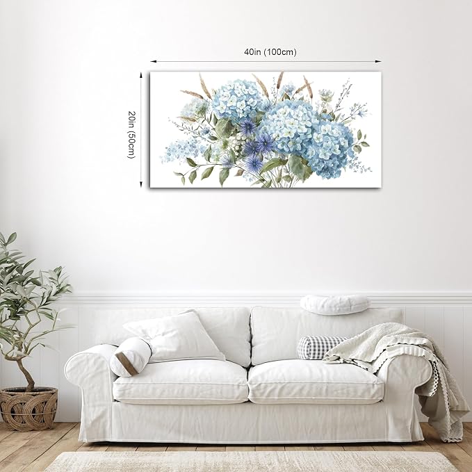 VEAEE Blue Hydrangea Botanical Canvas Prints Painting Abstract Artwork 20"x 40" Living Room Wall Decor