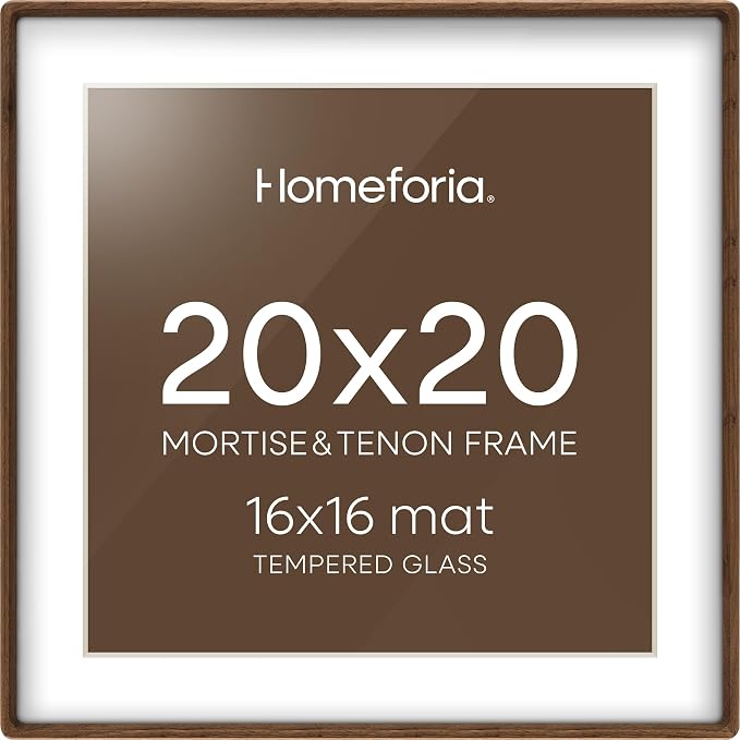 Homeforia 20x20 Mortise&Tenon Walnut Picture Frame, 16x16 Mat, Glass