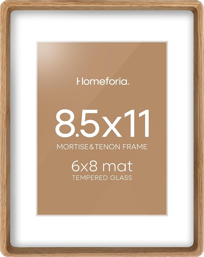 Homeforia 8.5x11 Mortise&Tenon Natural Oak Picture Frame, 6x8 Mat, Glass