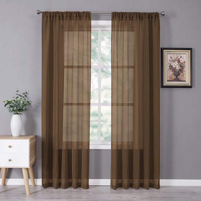 Tollpiz Sheer Curtain Linen Textured Bedroom Curtains Sheer Light Filtering Rod Pocket Voile Curtain for Living Room, 54 x 95 inches Long, Brown, Set of 2 Panels