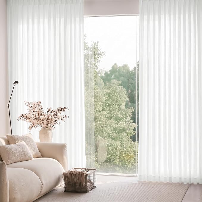 Pinch Pleated Linen White Curtains Light Filtering Drapes for Living Room | Bedroom, Semi Sheer, Pinch Pleat, Linen Blend, Hook Rings, Memory Shape, Privacy, Thick, Snow White, W40xL84, 2 Panel