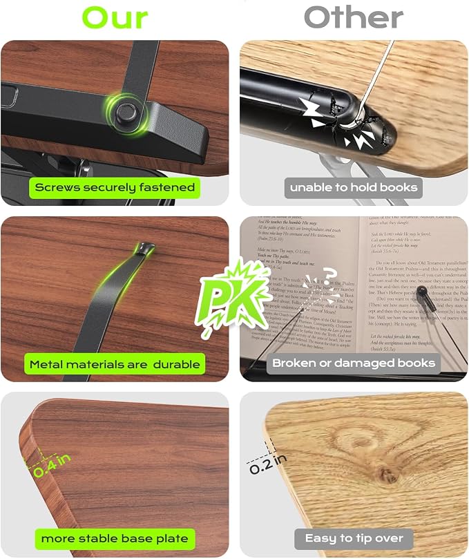 LOXP Ergonomic Book Stand for Reading, 360° Rotating Holder with Page Clip | Adjustable height angle, Storage Base, Hands-free, anti-slip, Fits tablets cookbooks magazines laptops, wood and metal