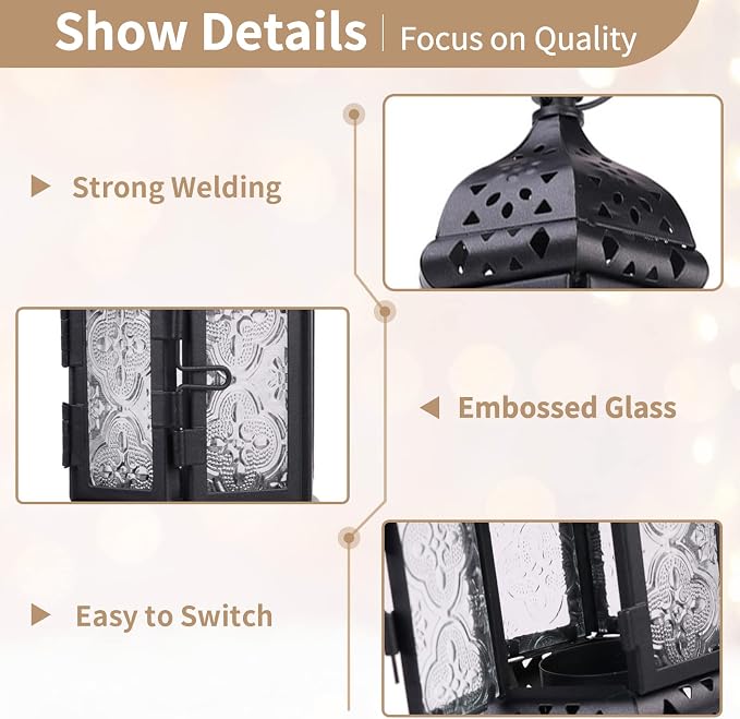 2 Pcs Hanging Candle Lantern Moroccan Chandelier Retro Candle Holder Moroccan Vintage Metal Hollow Wedding Hanging Candle Holders Lantern Contain 35cm Chain, Black