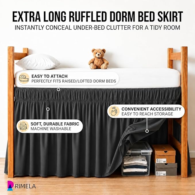Dorm Room Bed Skirt Twin XL 36" Drop, College Split Corner Bedskirt, Grey | Solid ruffled, Wrap-around/elastic, Wrinkle & Fade resistant, with Adhesive Strips, Gift Packed, Machine Wash/Tumble Dry/Iron