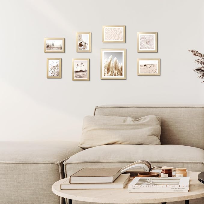 Gallery Wall Frame Set, 8 Pack Gold Picture Frames, Small | Collage Pampas Grass Prints Wall Art Decor for Living Room, Entryway, Stairway, Bedroom, Assorted Size