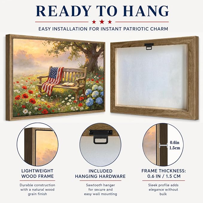 American Flag Framed Canvas Wall Art, 4th of July Patriotic Canvas Prints | Wildflower Landscape Poster Print, Vintage Rustic Independence Day Wall Decor for Bedroom Living Room Office 8×10in