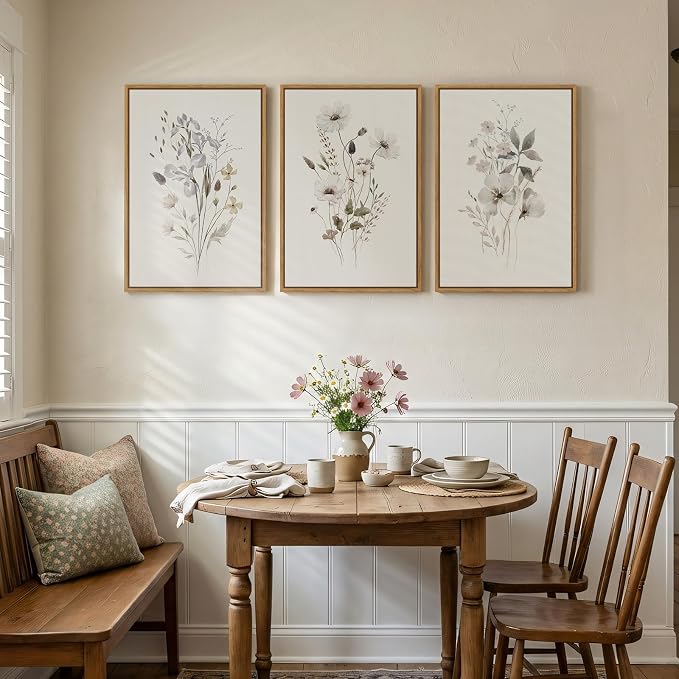 Framed 3 Piece Neutral Floral Botanical Wall Art for Living Room, 16x24 In | Minimalist flower pictures, Wood frame, Canvas Prints, Ready to hang artwork, Wall decor for bedroom dining room hallway