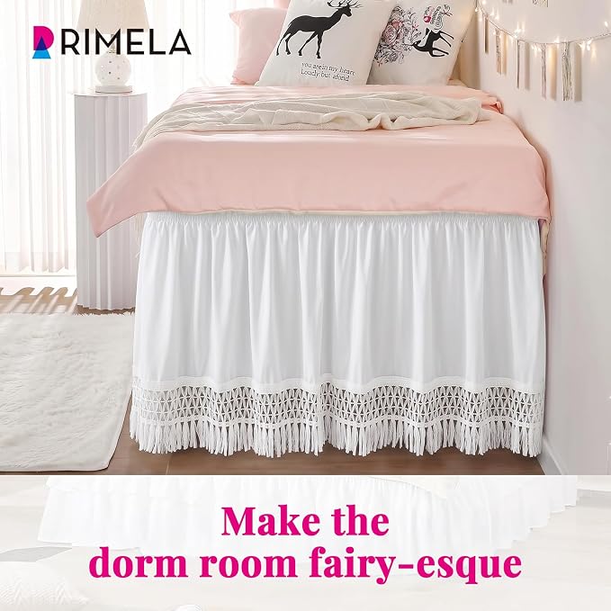 RIMELA Tassel Trim Dorm Bed Skirt Twin XL 36 Inch Drop, Wrap Around Elastic Dust Ruffle Easy to Install, Bedskirt Solid Silky Fabric Machine Washable, Bedroom Decor