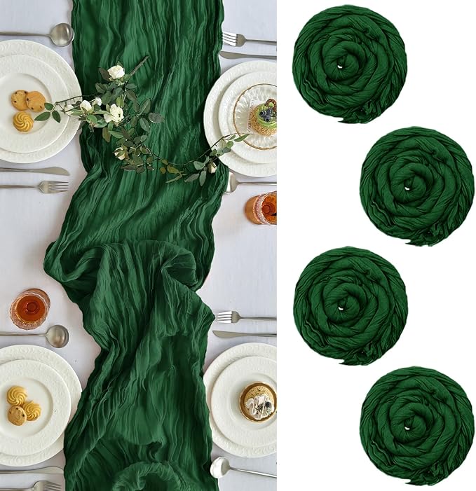 IVAPUPU Emerald Green Table Runner 120 Inch for Christmas Party Home Decor | 4 Pcs Boho Gauze 10FT Cheesecloth Table Runners for Wedding Baby Shower Decorations Summer Garden Farmhouse