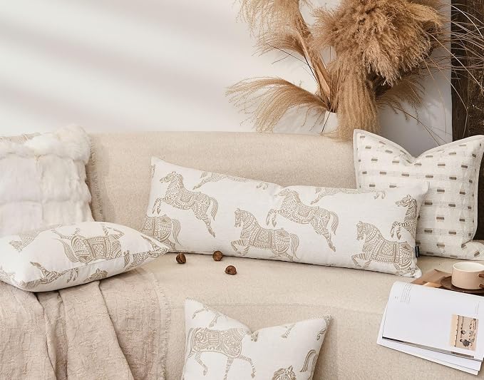 14x36 Lumbar Pillow Cover, Double Sided Horse Pattern Chenille Jacquard Long Body Pillow Covers for Bed Couch Sofa, Decorative Throw Pillows Cushion Cover for Living Room Bedroom