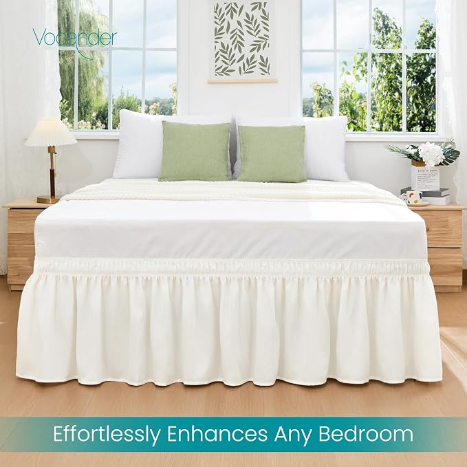 Vocander Cream Full Bed Skirt 14 Inch Drop, Elastic Wrap Dust Ruffle | Hides Underbed Storage, No Mattress Lifting, Elastic Stays Put, Soft Fabric, Machine Washable, Polished Look
