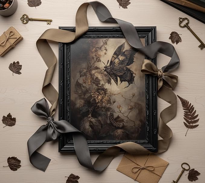 Black Framed Gothic Moth Canvas Wall Art, Vintage Dark Floral Painting Picture Wall Decor, Witchy Moody Insect Poster Prints Artwork for Bedroom Living Room Kitchen Home Decoration, 12x16in