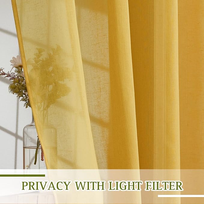 NICETOWN Linen Sheer Curtains 72 inch Length 2 Panels, Grommet Linen Blend Privacy with Light Filtering Gold Window Drapes for Bedroom/Girls Room, Citrine, W52 x L72, 2 Panels