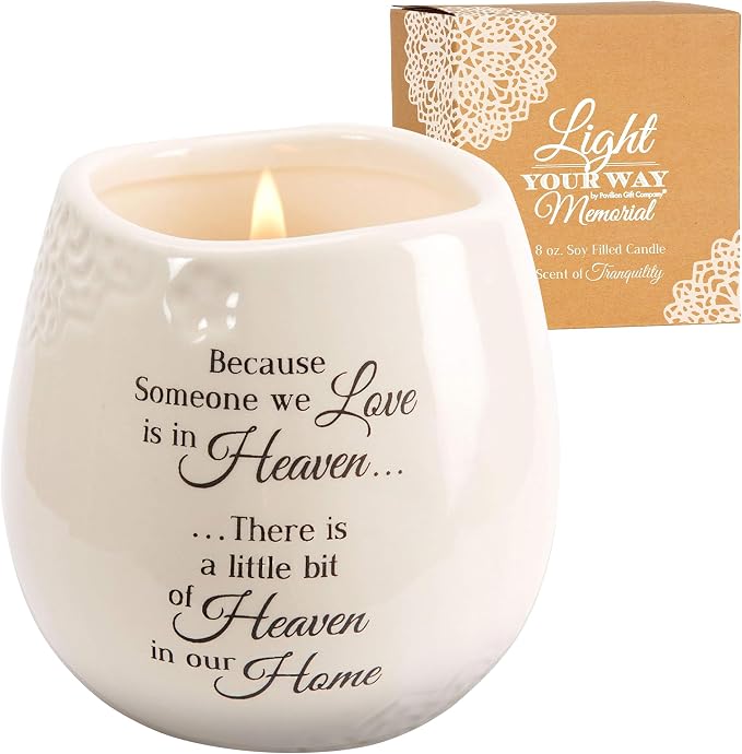 Pavilion 'In Memory, A Bit of Heaven' 19177 - White Ceramic Candle with Soy Wax in a Delicate Floral Scent, Thoughtful Sympathy, Remembrance, and Condolence Gift - 8 Ounces