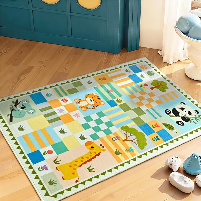2x3 Small Green Area Rug - Washable Non-Slip Entryway Mat - Soft Playroom Carpet with Cute Colorful Animals & Checkered Design - Low Pile Home Decor Rug