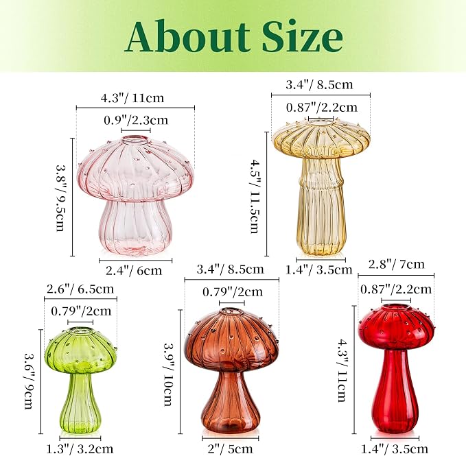 Hewory Glass Mushroom Vase for Flowers, 10pcs Colored Small Bud Flower Vases Unique, Mushroom Propagation Hydroponic Vases, Funky Cottagecore Decor for Home Room Kitchen Office Windowsill Decorations | Propagation Vases, Mushroom Decor, Gifts for Plant...