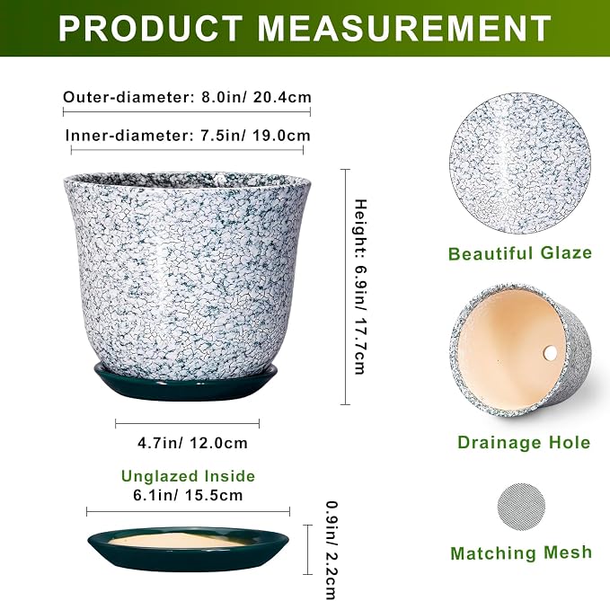 Ceramic Pots for Plants - 8 Inch Plant Pot for Indoor Outdoor, Round Flower Pot with Drainage Hole and Saucer, Decorative Planters, Modern Planter, Patio Decor, House Warming Gift, Green