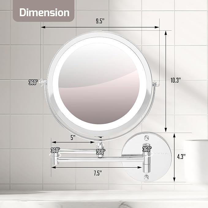 OVENTE 9" Wall Mounted Lighted Makeup Mirror, Polished Chrome MFW85CH1X10X | Cordless Double Sided 1X/10X Magnifying Mirror for Bathroom with LED Lights, 360° Rotation, Extendable Arm, Battery Operated