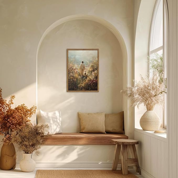 Jesus Leaves the 99 Sheep Wall Art Jesus and Lamb Wall Decor Pictures Christian Religious 3D Hand Drawn Sandstone Poster Painting Prints for Bedroom Living Prayer Room 16x24 inch Wood Framed