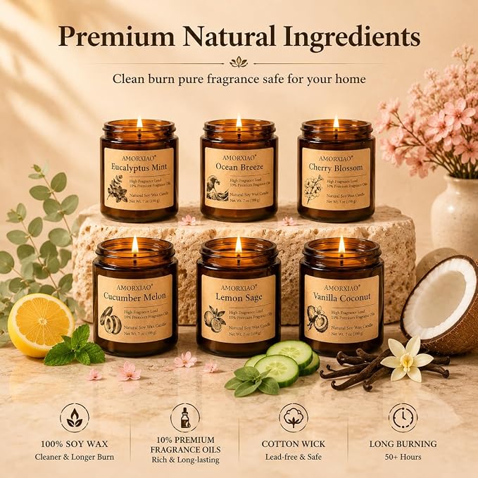 6 Pack Scented Candles for Home Scented: 42oz Soy Candles for Women Men | 300H Burning Aromatherapy Candle Set, Jar Candle Gift Set for Birthday, Scents of Eucalyptus/Sage/Cherry/Ocean/Melon/Vanilla