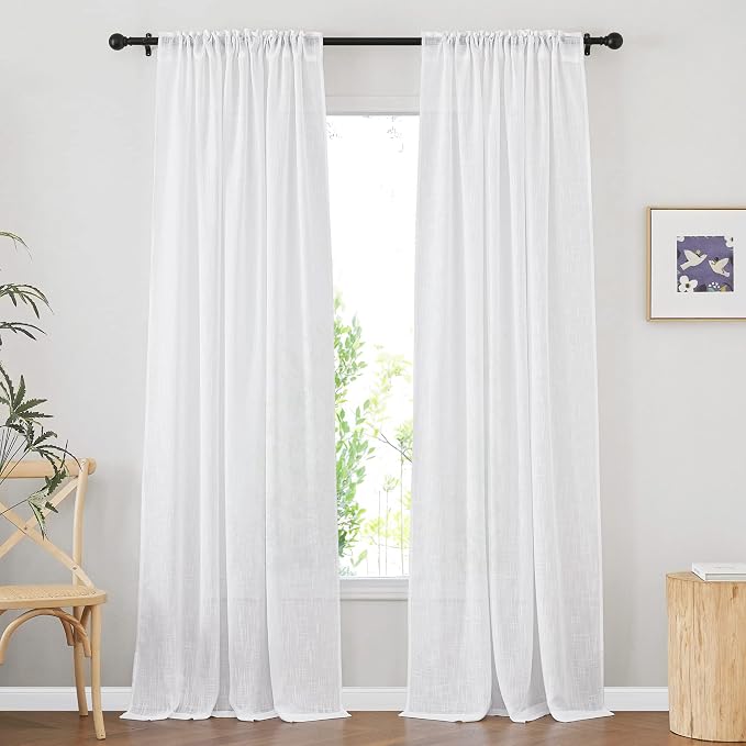 NICETOWN White Living Room Curtains 132 inches Long, Rod Pocket & Back Tab Semi Sheer Faux Linen Blend Window Treatment Privacy with Light Filtering for Bedroom, W52 x L132, 2 Panels